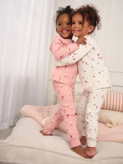 Ecru/Roze Harten - Set van 2 wafelpyjama's (9mnd-12jr)