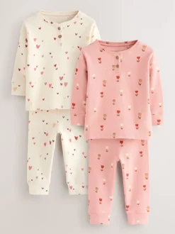 Ecru/Roze Harten - Set van 2 wafelpyjama's (9mnd-12jr)