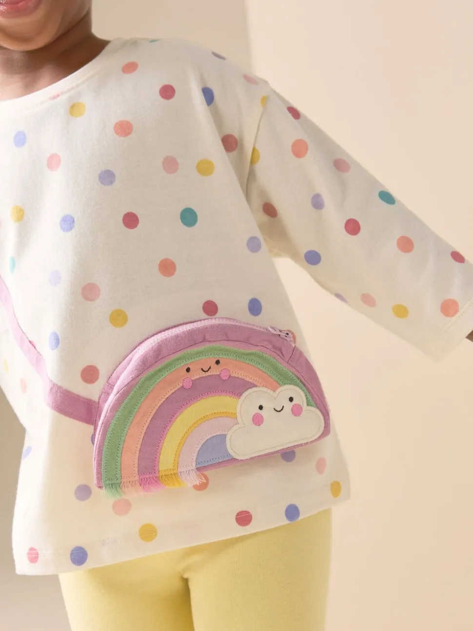 Ecru-wit met regenboog - Long Sleeve Bag Top (3mths-7yrs)