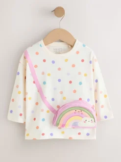 Ecru-wit met regenboog - Long Sleeve Bag Top (3mths-7yrs)