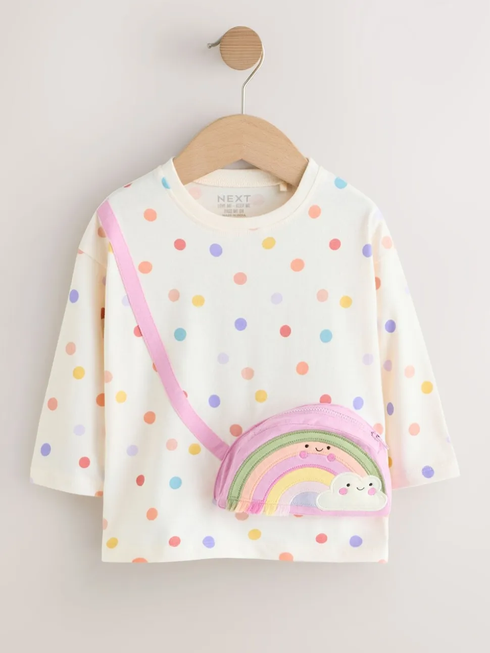 Ecru-wit met regenboog - Long Sleeve Bag Top (3mths-7yrs)
