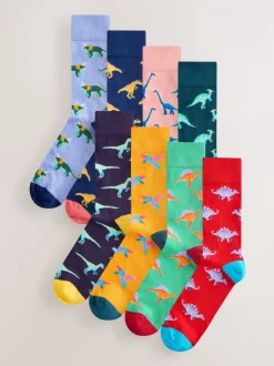 Fel rood/blauw/oranje dinosaurus - Set van 8 sokken met patroon