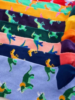 Fel rood/blauw/oranje dinosaurus - Set van 8 sokken met patroon