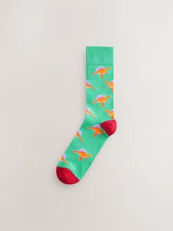 Fel rood/blauw/oranje dinosaurus - Set van 8 sokken met patroon