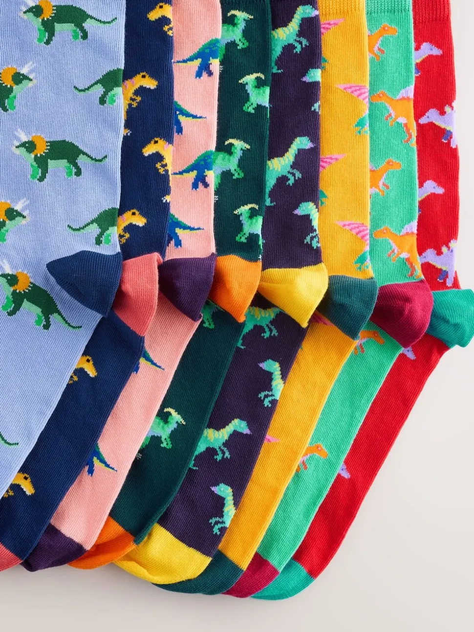 Fel rood/blauw/oranje dinosaurus - Set van 8 sokken met patroon