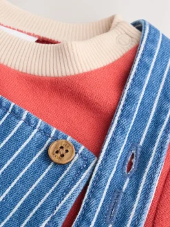 Felgekleurde streep met figuurtjes - Babyset van denim bretelbroeken en bodysuit (0 mnd - 2 jr)