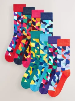 Felrood/Groen geometrisch - Set van 8 sokken met patroon