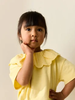 Geel - Short Sleeve Broderie Collar Top (3mths-7yrs)