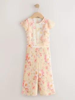 Geel gebloemd - Short Sleeve Pleated Ruffle Jumpsuit (3-16yrs)