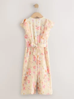 Geel gebloemd - Short Sleeve Pleated Ruffle Jumpsuit (3-16yrs)