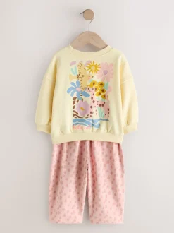 Geel met dierenprint - Set van sweatshirt en joggingbroek met rechte wijde pijpen (3mnd -7jr)