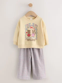 Geel met gingham beren - Set van sweatshirt en broek met wijde pijpen (3mnd -7jr)
