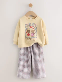 Geel met gingham beren - Set van sweatshirt en broek met wijde pijpen (3mnd -7jr)