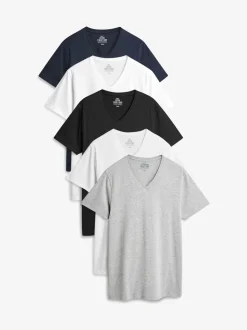 Gemengd - Verpakking van 5 slim-fit 100% katoenen T-shirts met V-hals en laagjes