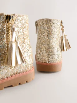 Goud glitter - Chelsea enkellaarsjes met rits en kwastjes
