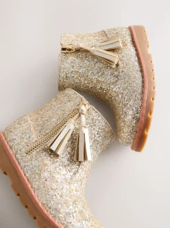 Goud glitter - Chelsea enkellaarsjes met rits en kwastjes