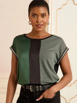 Green and Black Embellished Cuff Satin Front - Love & Roses Satin Front V-Neck Short Sleeve Top