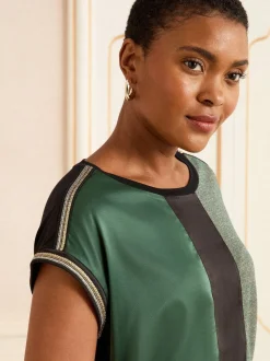 Green and Black Embellished Cuff Satin Front - Love & Roses Satin Front V-Neck Short Sleeve Top