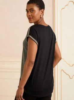 Green and Black Embellished Cuff Satin Front - Love & Roses Satin Front V-Neck Short Sleeve Top