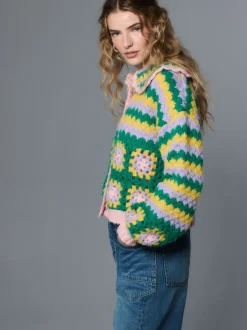 Green Multi Patch - Hand Crochet Collar Cardigan