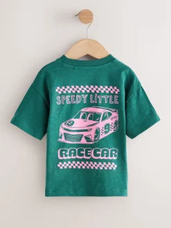 Green/Pink Race Car - T-shirt met korte mouwen en print op de rug (3mnd -7jr)