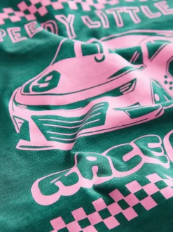 Green/Pink Race Car - T-shirt met korte mouwen en print op de rug (3mnd -7jr)