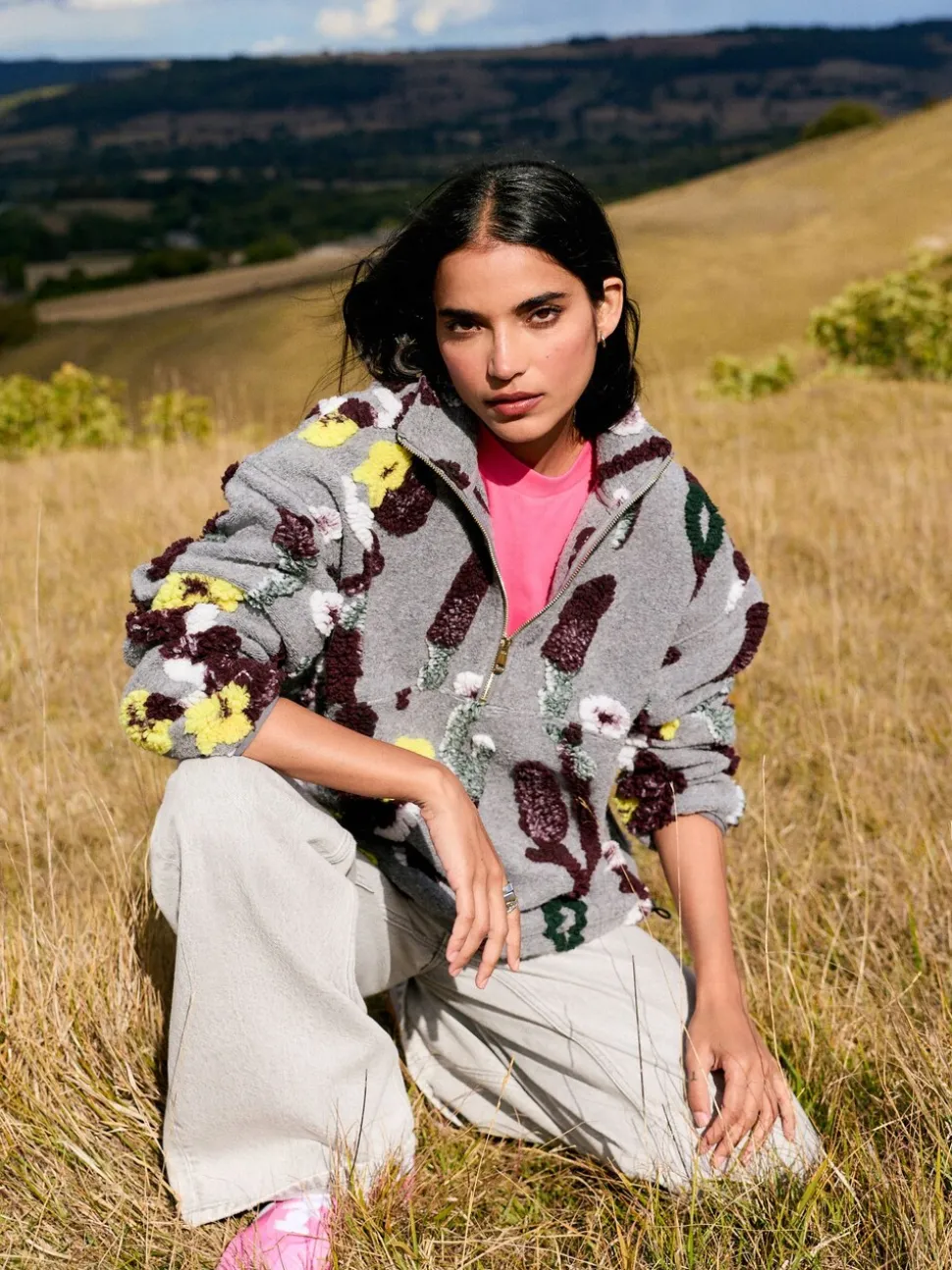 Grey Floral Jacquard - Floral Jaquarded Borg Half Zip Neck Fleece Sweatshirt
