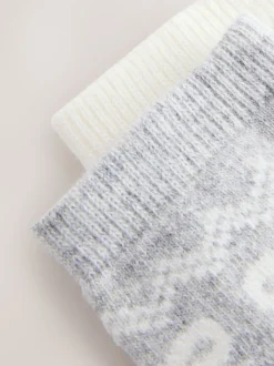 Grey Pretty Fairisle Pattern - 2 paar enkelsokken van wolmix