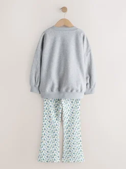 Grey/Blue Floral Slogan - Sweatshirt and Flare Leggings Set (3-16yrs)