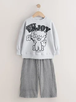Grey/Gingham Dog - Sweatshirt and Wide Leg Trousers Set (3-16yrs)