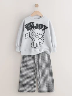 Grey/Gingham Dog - Sweatshirt and Wide Leg Trousers Set (3-16yrs)