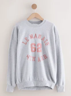 Grijs - Grafisch satijnapplicatie 'Le Marais' City sweatshirt met lange mouwen en ronde hals