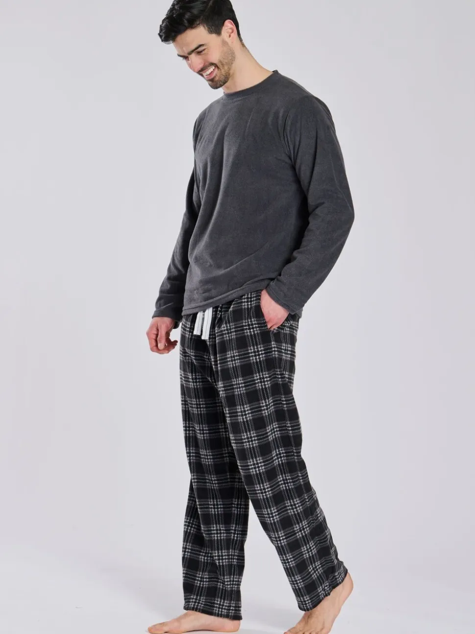 Grijs - Loungeable Fleece Check Trousers Pyjama Set