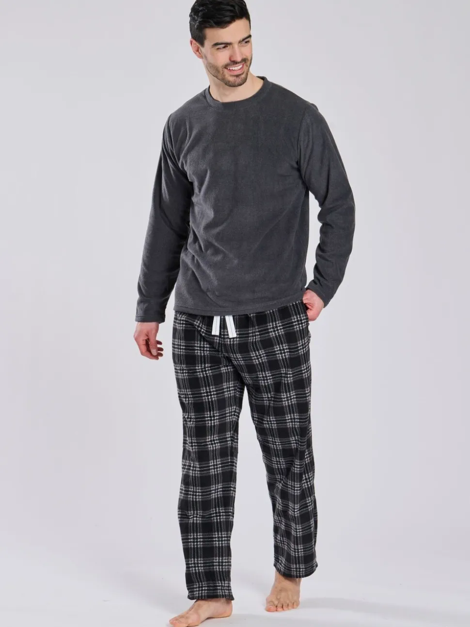 Grijs - Loungeable Fleece Check Trousers Pyjama Set