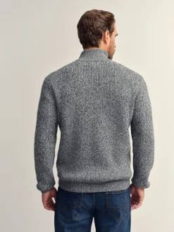 Grijs - Regular-fit gebreide trui met textuur en kwartrits bij de hals en wol