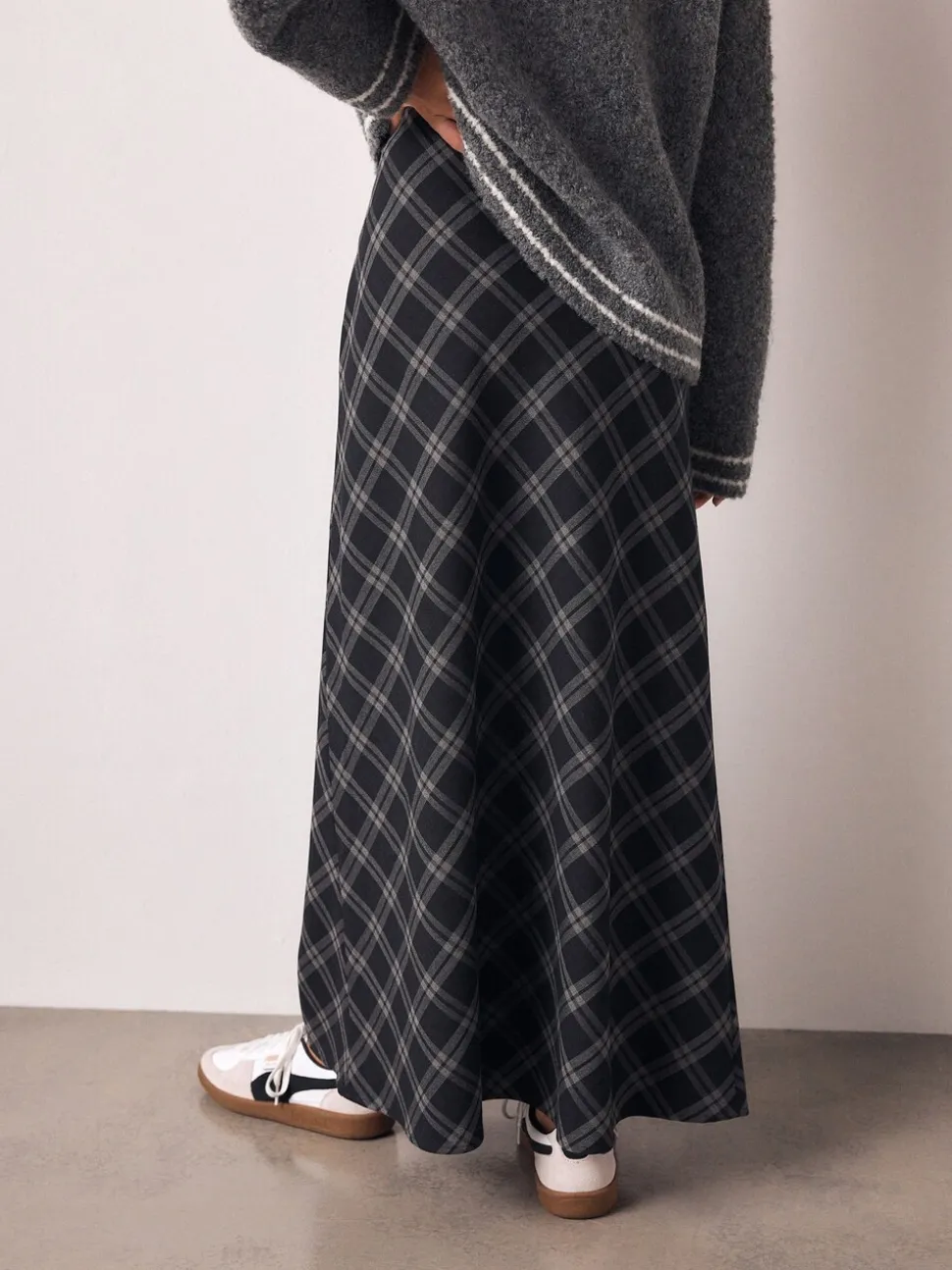 Grijs - Ruit Midi Slip Rok
