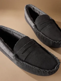 Grijs - Signature Suede Fabric Trim Moccasin Slippers