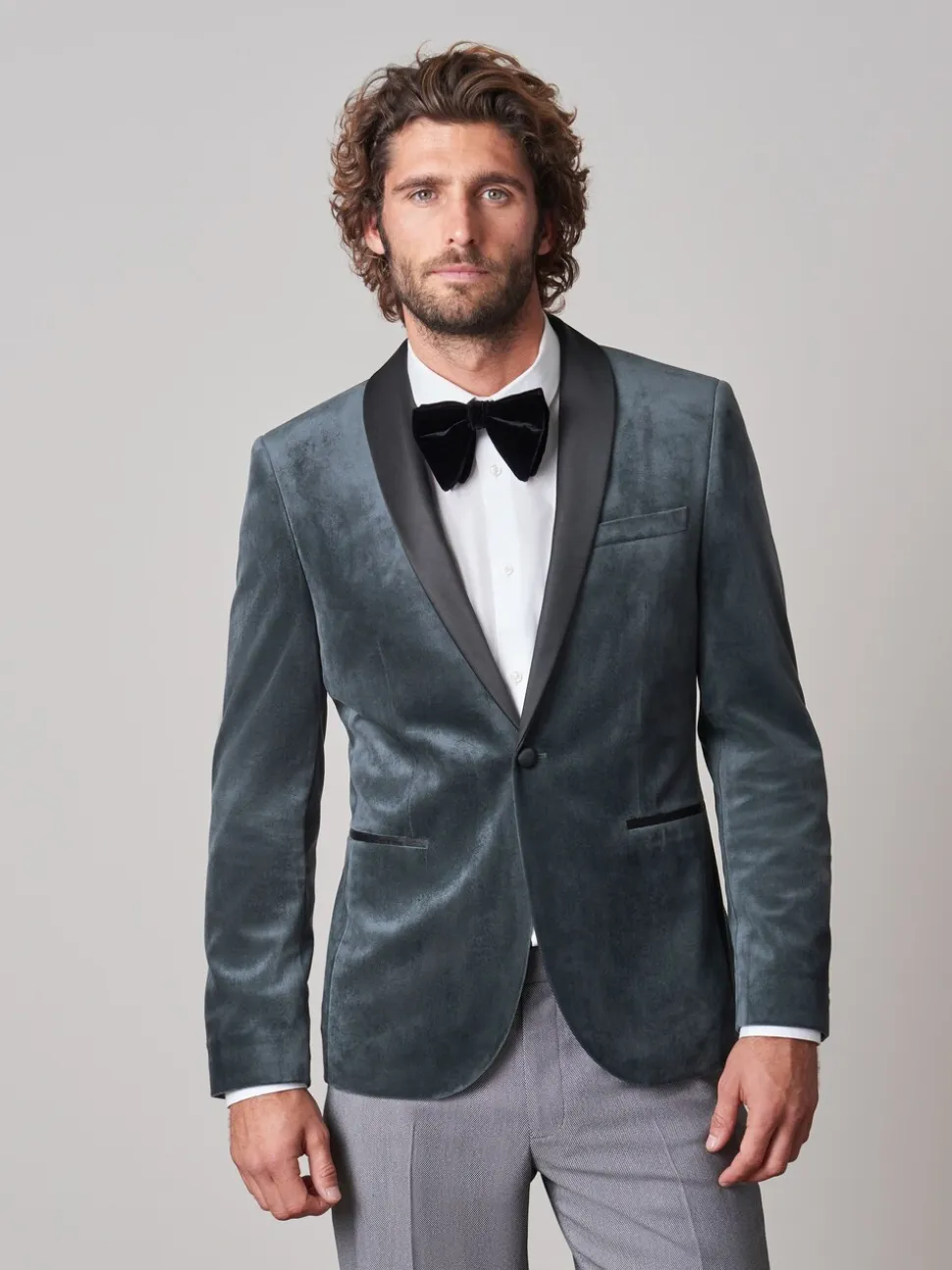 Grijs - Slim Fit - Fluwelen blazer