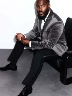 Grijs - Slim Fit - Motionflex stretchyfluwelen Blazer