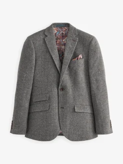 Grijs - Slim Fit - Signature Nova Fides Blazer van wolblend met visgraatmotief