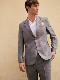 Grijs - Slim fit Signature Leomaster Italiaans gestreept linnen colbert