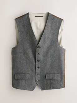 Grijs - Slim Fit Wool Blend Herringbone Stripe Suit Waistcoat