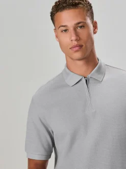 Grijs - Smart poloshirt met textuur en rits