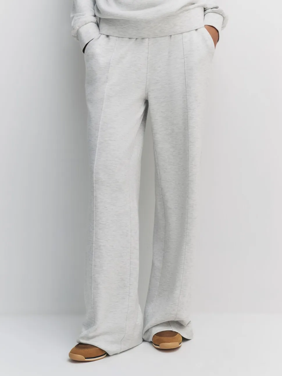 Grijs gemêleerd - Premium jersey joggingbroek met wijde pijpen