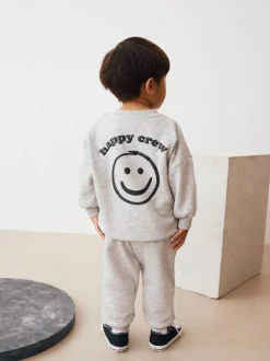Grijs gemêleerd - Printed Crew Neck Sweat Top & Joggers Set (3mths-7yrs)