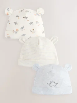 Grijs met dinoprint - Baby Beanie Mutsen 3 Set (0-18mnd)