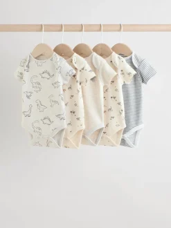 Grijs met dinoprint - Set van 5 babyrompertjes met korte mouwen