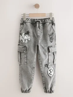 Grijs met graffiti - Cargo jeans met elastische taille (3-16 jr)