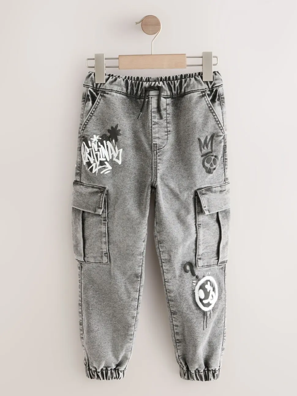Grijs met graffiti - Cargo jeans met elastische taille (3-16 jr)