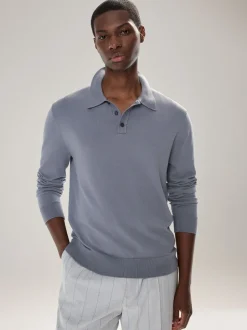 Grijsblauw - Normale Pasvorm - Katoenrijk gebreid poloshirt met lange mouwen